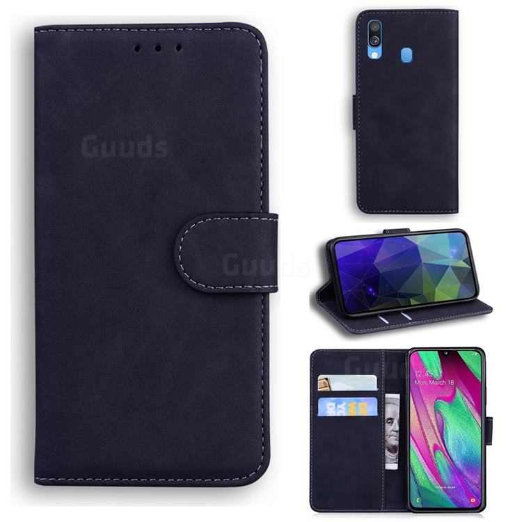 Retro Classic Skin Feel Leather Wallet Phone Case for Samsung Galaxy A40 - Black