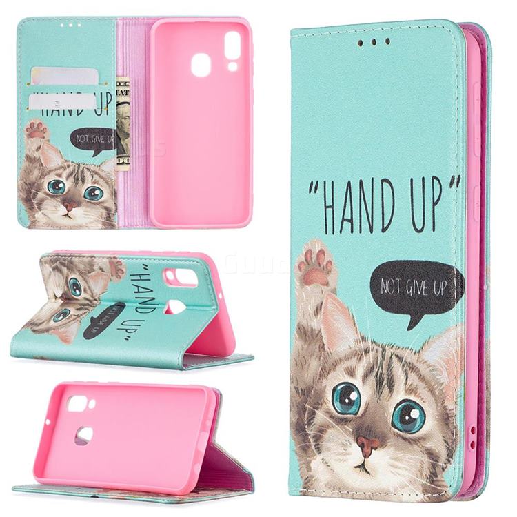 Hand Up Cat Slim Magnetic Attraction Wallet Flip Cover for Samsung Galaxy A40