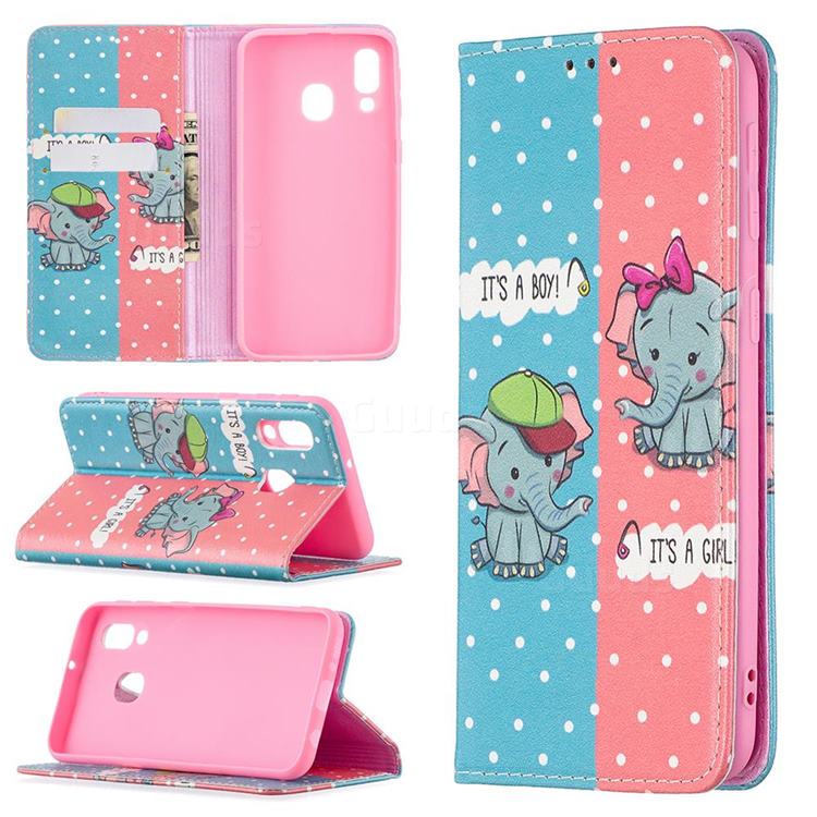 Elephant Boy and Girl Slim Magnetic Attraction Wallet Flip Cover for Samsung Galaxy A40