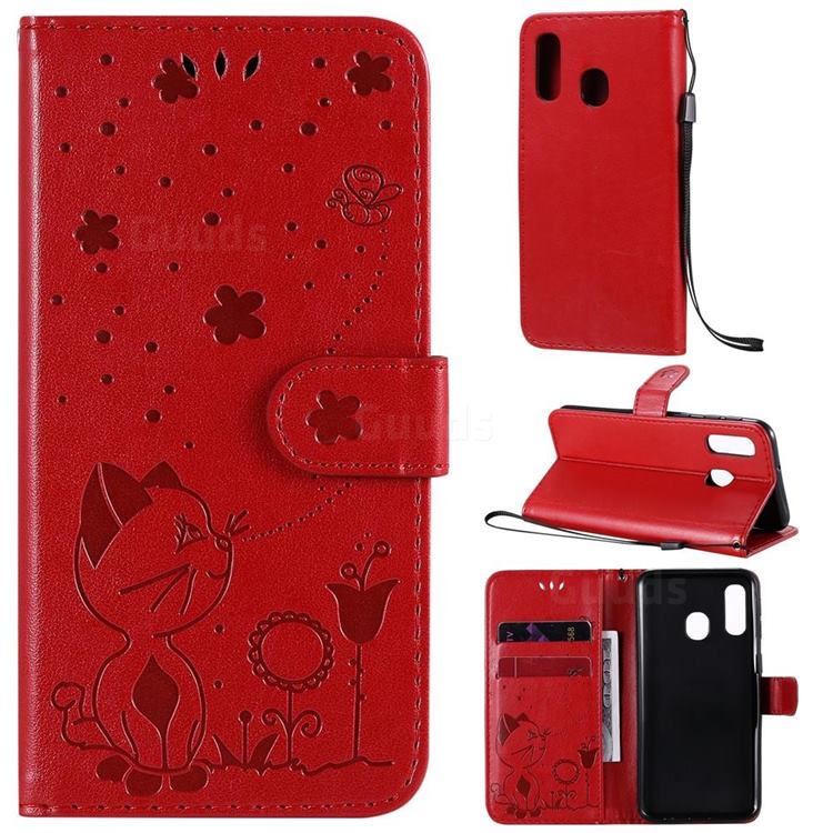 Embossing Bee and Cat Leather Wallet Case for Samsung Galaxy A40 - Red