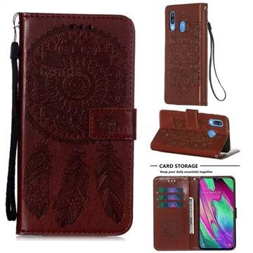 Embossing Dream Catcher Mandala Flower Leather Wallet Case for Samsung Galaxy A40 - Brown