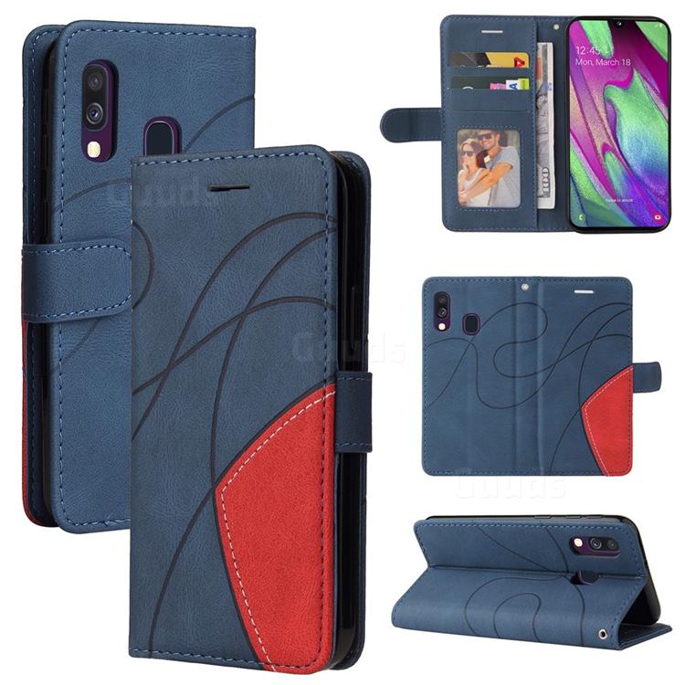 Luxury Two-color Stitching Leather Wallet Case Cover for Samsung Galaxy A40 - Blue
