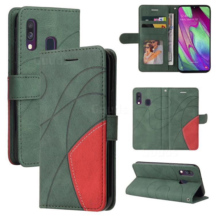 Luxury Two-color Stitching Leather Wallet Case Cover for Samsung Galaxy A40 - Green