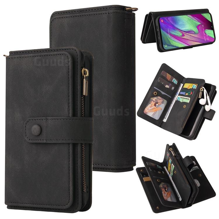 Luxury Multi-functional Zipper Wallet Leather Phone Case Cover for Samsung Galaxy A40 - Black
