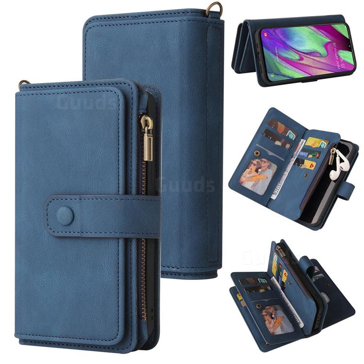 Luxury Multi-functional Zipper Wallet Leather Phone Case Cover for Samsung Galaxy A40 - Blue