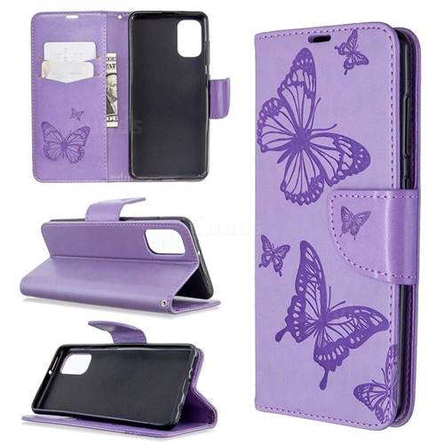 Embossing Double Butterfly Leather Wallet Case for Samsung Galaxy A41 - Purple