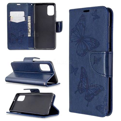 Embossing Double Butterfly Leather Wallet Case for Samsung Galaxy A41 - Dark Blue