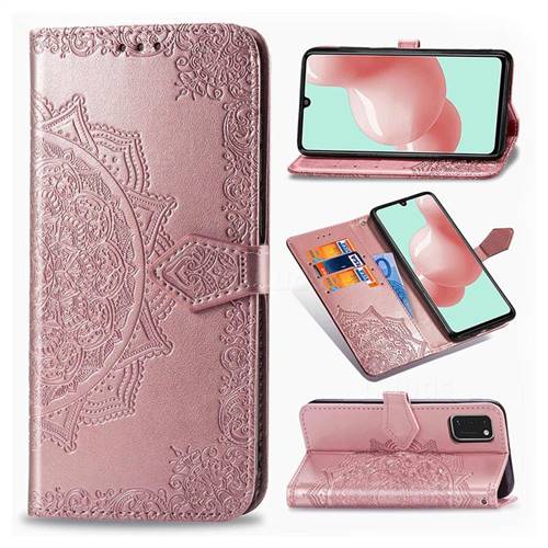 Embossing Imprint Mandala Flower Leather Wallet Case for Samsung Galaxy A41 - Rose Gold