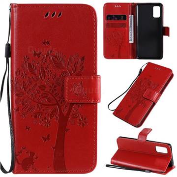 Embossing Butterfly Tree Leather Wallet Case for Samsung Galaxy A41 - Red