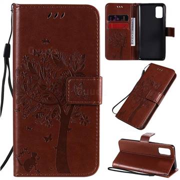 Embossing Butterfly Tree Leather Wallet Case for Samsung Galaxy A41 - Coffee