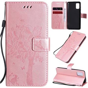 Embossing Butterfly Tree Leather Wallet Case for Samsung Galaxy A41 - Rose Pink