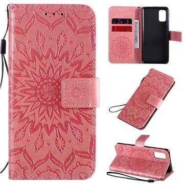 Embossing Sunflower Leather Wallet Case for Samsung Galaxy A41 - Pink