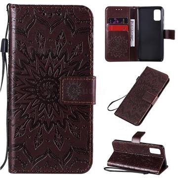 Embossing Sunflower Leather Wallet Case for Samsung Galaxy A41 - Brown