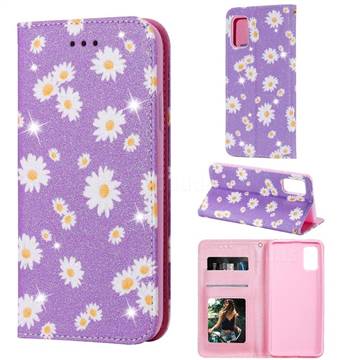 Ultra Slim Daisy Sparkle Glitter Powder Magnetic Leather Wallet Case for Samsung Galaxy A41 - Purple