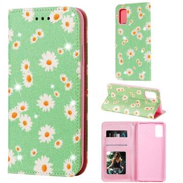 Ultra Slim Daisy Sparkle Glitter Powder Magnetic Leather Wallet Case for Samsung Galaxy A41 - Green