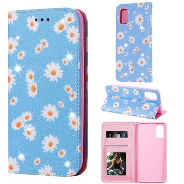 Ultra Slim Daisy Sparkle Glitter Powder Magnetic Leather Wallet Case for Samsung Galaxy A41 - Blue