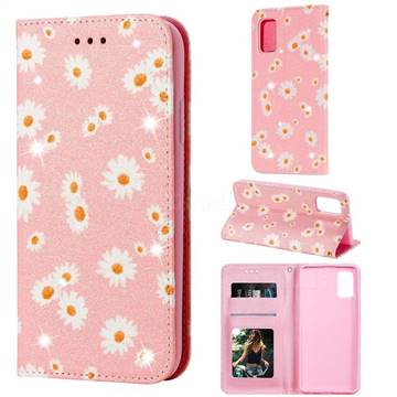Ultra Slim Daisy Sparkle Glitter Powder Magnetic Leather Wallet Case for Samsung Galaxy A41 - Pink