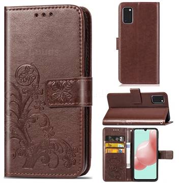 Embossing Imprint Four-Leaf Clover Leather Wallet Case for Samsung Galaxy A41 - Brown