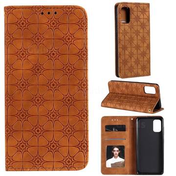 Intricate Embossing Four Leaf Clover Leather Wallet Case for Samsung Galaxy A41 - Yellowish Brown