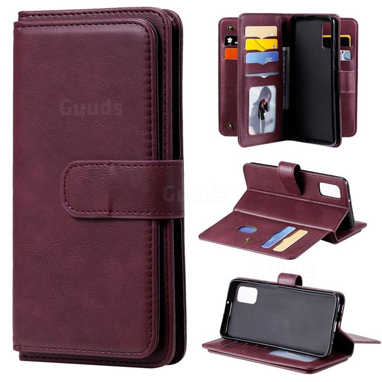 Multi-function Ten Card Slots and Photo Frame PU Leather Wallet Phone Case Cover for Samsung Galaxy A41 - Claret