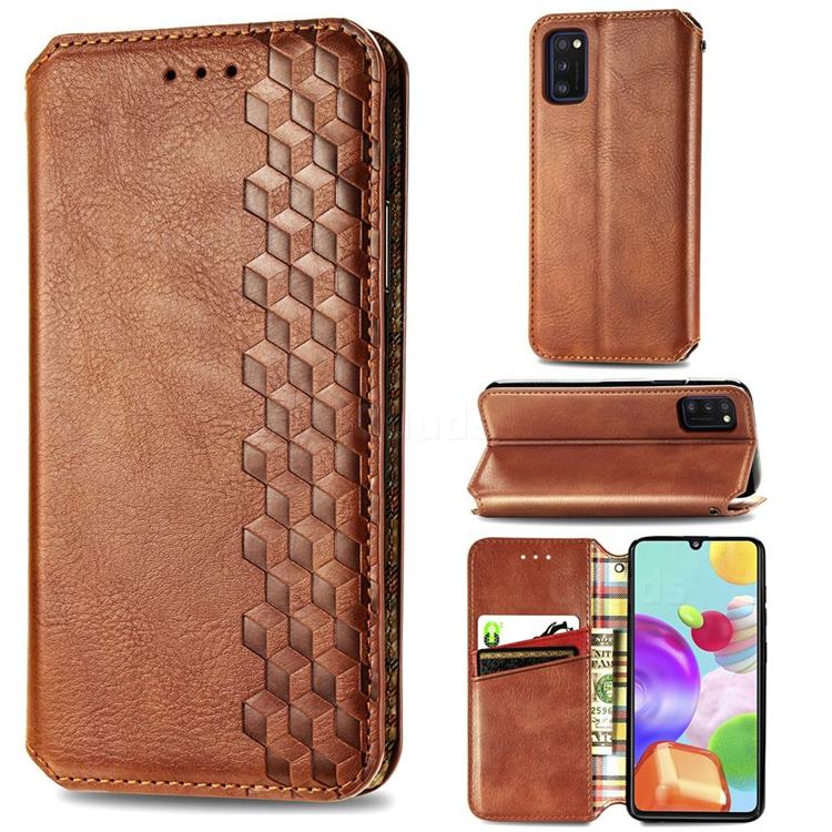 Ultra Slim Fashion Business Card Magnetic Automatic Suction Leather Flip Cover for Samsung Galaxy A41 - Brown