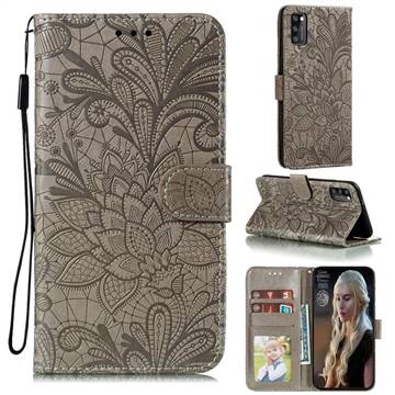 Intricate Embossing Lace Jasmine Flower Leather Wallet Case for Samsung Galaxy A41 - Gray