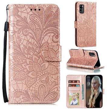 Intricate Embossing Lace Jasmine Flower Leather Wallet Case for Samsung Galaxy A41 - Rose Gold