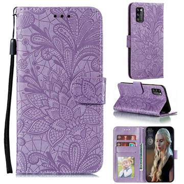 Intricate Embossing Lace Jasmine Flower Leather Wallet Case for Samsung Galaxy A41 - Purple