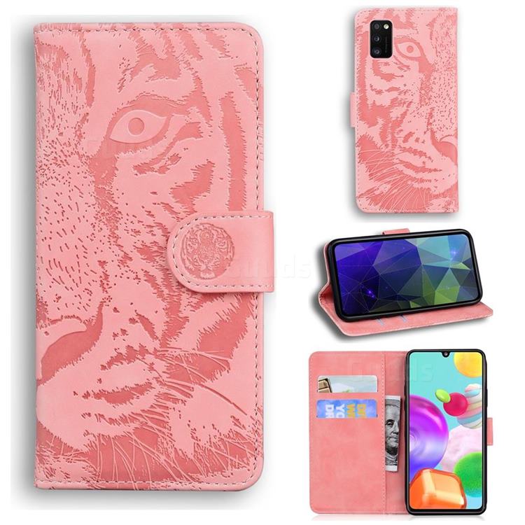 Intricate Embossing Tiger Face Leather Wallet Case for Samsung Galaxy A41 - Pink