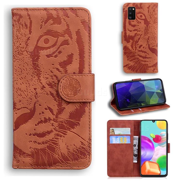 Intricate Embossing Tiger Face Leather Wallet Case for Samsung Galaxy A41 - Brown
