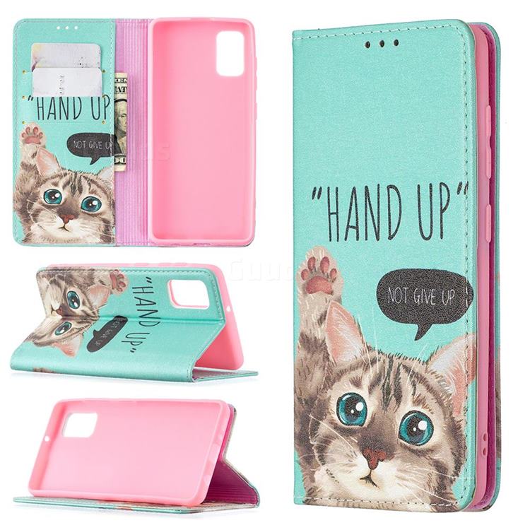 Hand Up Cat Slim Magnetic Attraction Wallet Flip Cover for Samsung Galaxy A41