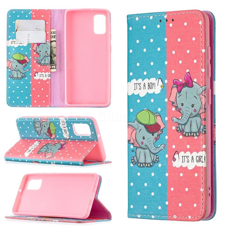 Elephant Boy and Girl Slim Magnetic Attraction Wallet Flip Cover for Samsung Galaxy A41