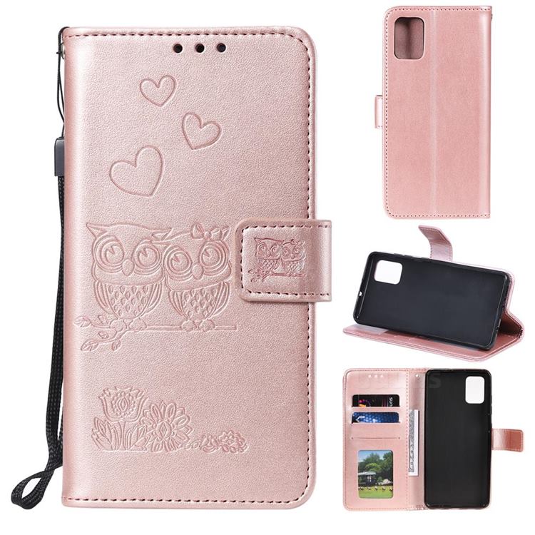 Embossing Owl Couple Flower Leather Wallet Case for Samsung Galaxy A41 - Rose Gold