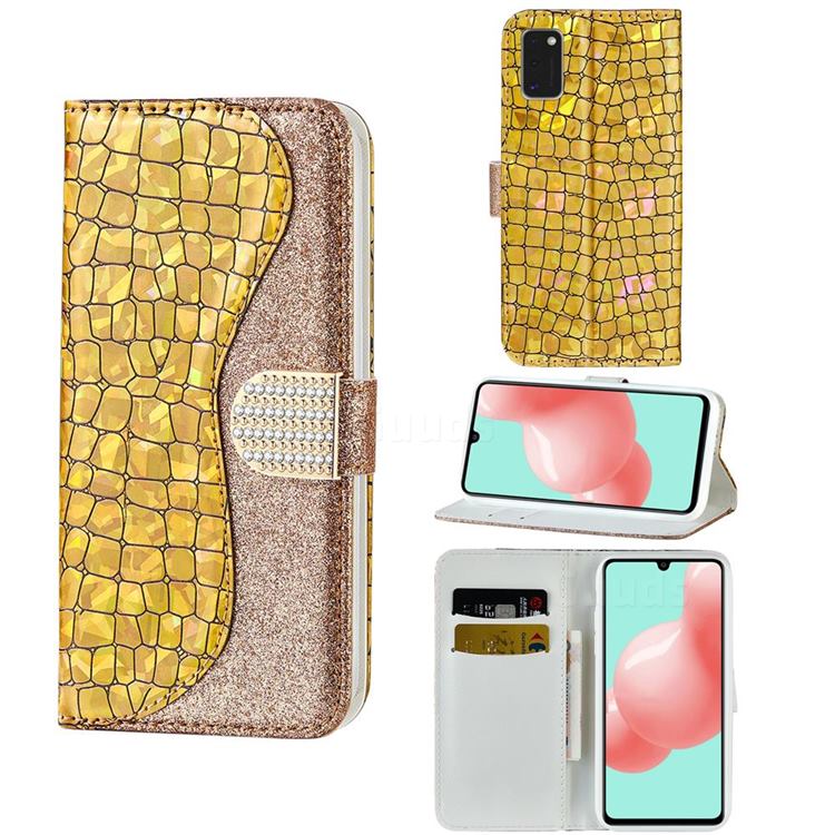 Glitter Diamond Buckle Laser Stitching Leather Wallet Phone Case for Samsung Galaxy A41 - Gold