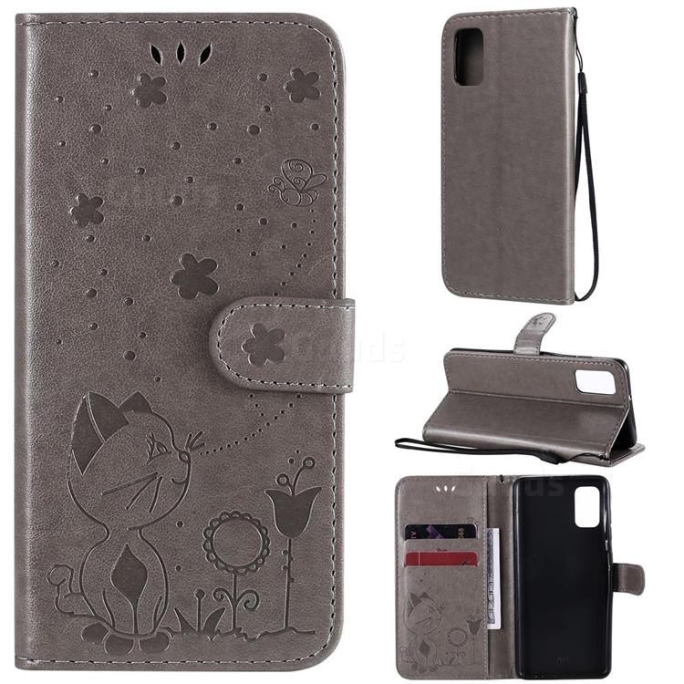 Embossing Bee and Cat Leather Wallet Case for Samsung Galaxy A41 - Gray