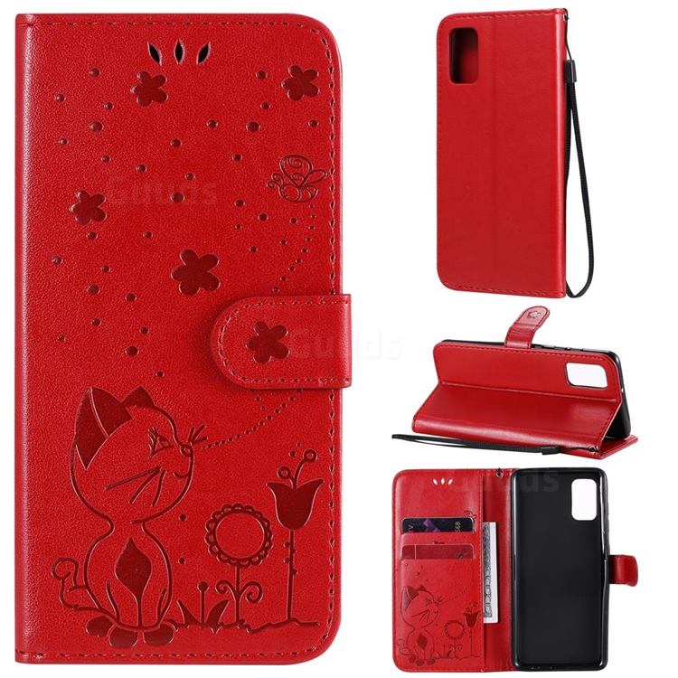 Embossing Bee and Cat Leather Wallet Case for Samsung Galaxy A41 - Red