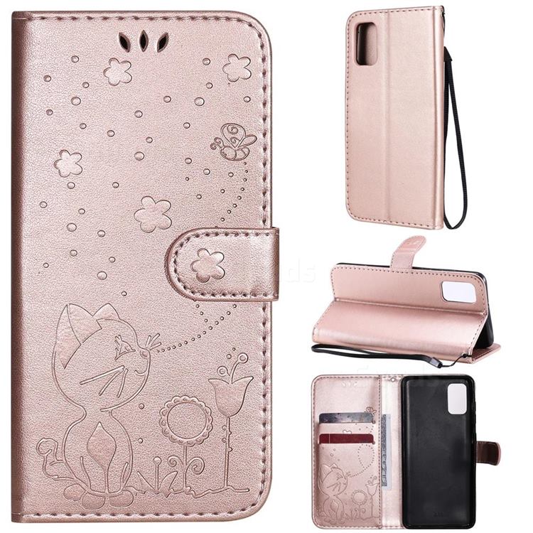 Embossing Bee and Cat Leather Wallet Case for Samsung Galaxy A41 - Rose Gold