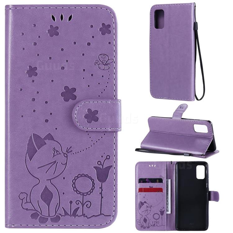 Embossing Bee and Cat Leather Wallet Case for Samsung Galaxy A41 - Purple
