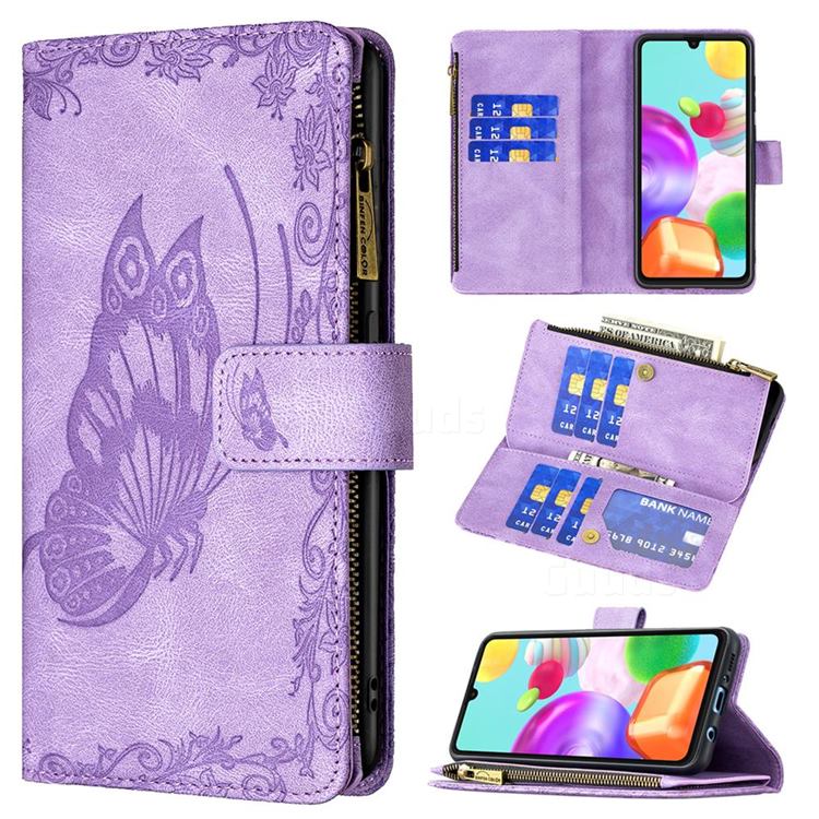Binfen Color Imprint Vivid Butterfly Buckle Zipper Multi-function Leather Phone Wallet for Samsung Galaxy A41 - Purple