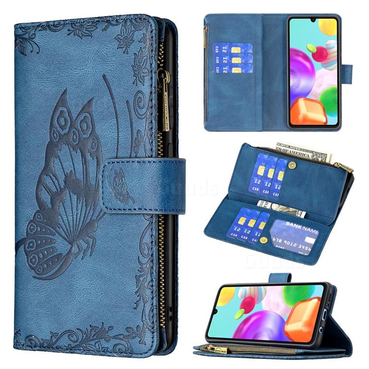 Binfen Color Imprint Vivid Butterfly Buckle Zipper Multi-function Leather Phone Wallet for Samsung Galaxy A41 - Blue