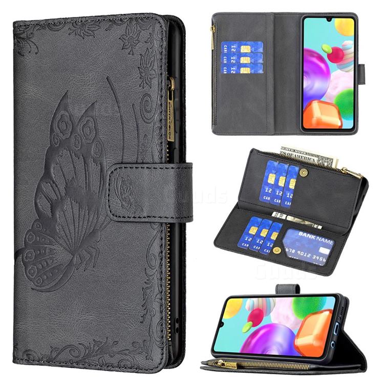 Binfen Color Imprint Vivid Butterfly Buckle Zipper Multi-function Leather Phone Wallet for Samsung Galaxy A41 - Black