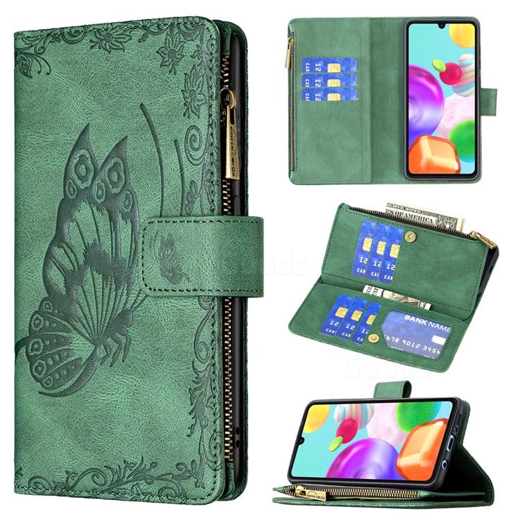 Binfen Color Imprint Vivid Butterfly Buckle Zipper Multi-function Leather Phone Wallet for Samsung Galaxy A41 - Green
