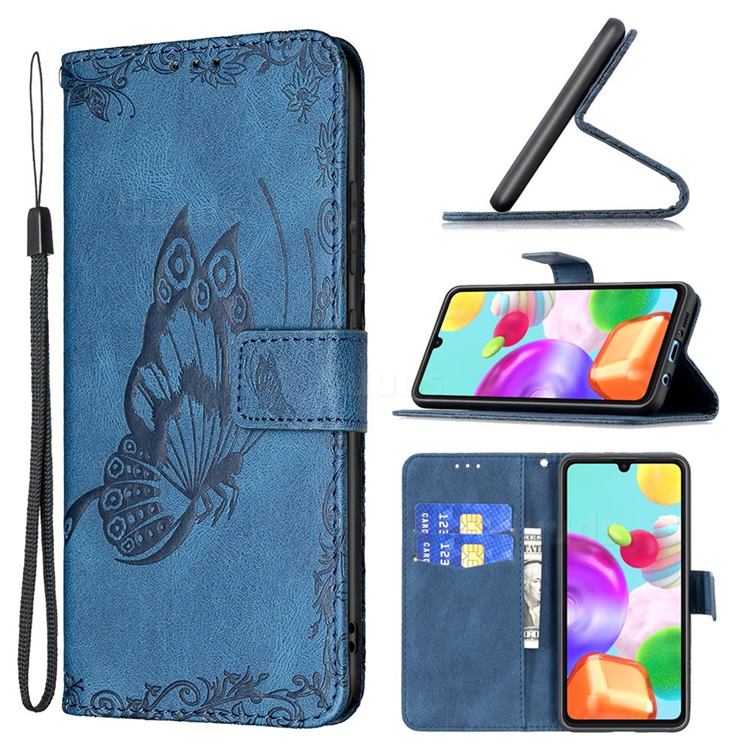 Binfen Color Imprint Vivid Butterfly Leather Wallet Case for Samsung Galaxy A41 - Blue