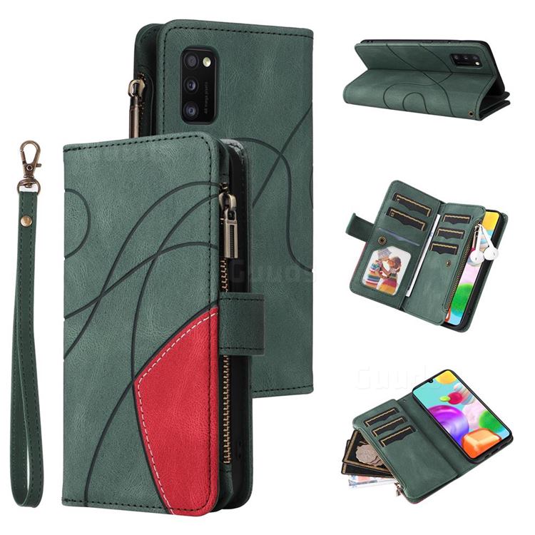 Luxury Two-color Stitching Multi-function Zipper Leather Wallet Case Cover for Samsung Galaxy A41 - Green