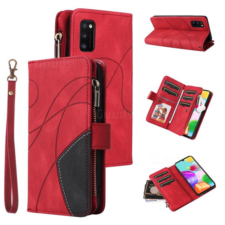 Luxury Two-color Stitching Multi-function Zipper Leather Wallet Case Cover for Samsung Galaxy A41 - Red