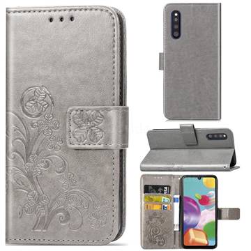 Embossing Imprint Four-Leaf Clover Leather Wallet Case for Samsung Galaxy A41 Japan SC-41A SCV48 - Grey