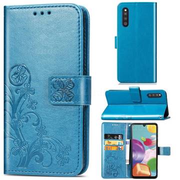 Embossing Imprint Four-Leaf Clover Leather Wallet Case for Samsung Galaxy A41 Japan SC-41A SCV48 - Blue