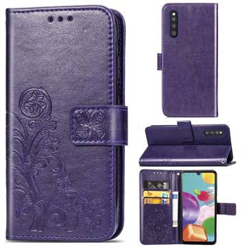 Embossing Imprint Four-Leaf Clover Leather Wallet Case for Samsung Galaxy A41 Japan SC-41A SCV48 - Purple