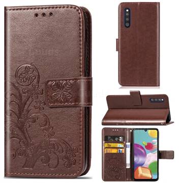Embossing Imprint Four-Leaf Clover Leather Wallet Case for Samsung Galaxy A41 Japan SC-41A SCV48 - Brown