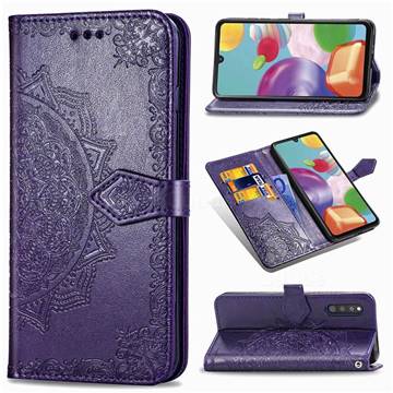 Embossing Imprint Mandala Flower Leather Wallet Case for Samsung Galaxy A41 Japan SC-41A SCV48 - Purple